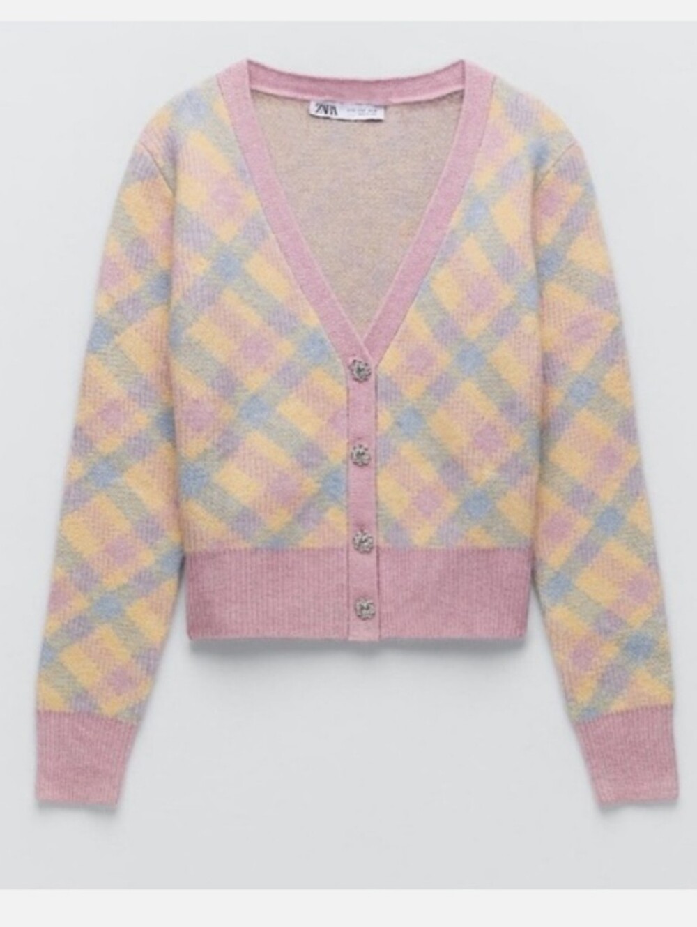 Zara Pastel Argyle Knit Cardigan Sweater Pink Yellow Blue Jeweled Buttons Size L